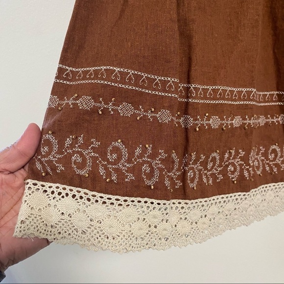 Ninety Skirt Women’s Size Large Brown Linen Blend Embroidered Skirt - Picture 2 of 10